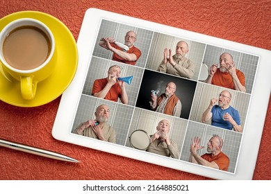 Reviewing A Set Of Studio Portraits On A Digital Tablet Featuring The Same Senior Male Model With A Variety Of Props, Grooming, Health And Self Care Theme