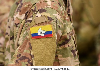 Revolutionary Armed Forces Of Colombia Flag On Soldiers Arm. Revolutionary Armed Forces Of Colombia—People's Army (collage)