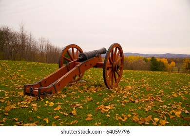 Revolutionary War Era Cannon Taken On A Cloudy Overcast Day In A Leaf Strewn Field