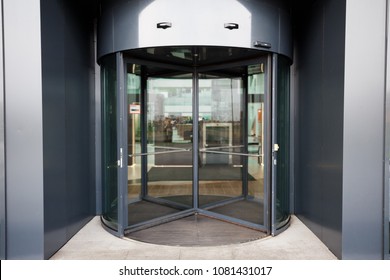Revolving door in reception of office building.