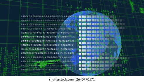 Revolving globe in data environment, with white square blocks, binary code, green alphanumeric grid. Technology, cybersecurity, digital, network, abstract, innovation, data