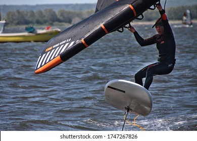 REWA/POLAND - 30 MAIY 2020 : Wind foil and wing foil new water sports.