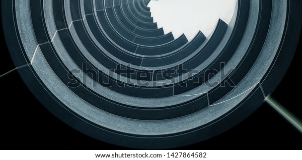 Reworked underside view of curvilinear\
balconies. Modern architecture seen from low angle. Hi-rise\
building exterior. Modular architectural structure of multistory\
house. Round geometric\
composition.