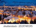 Reykjavik, capital city in Iceland in winter at evening