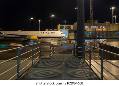 Reykjavik Iceland. 12.22.2021. Overnight At Reykjavik Airport, Icelandair Flight Prepares For Departure.