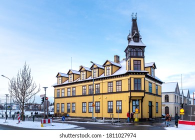 Reykjavik, Iceland - 18th January 2020: Traditional brightly painted exterior of a building in Reykjavik, the capital city of Iceland. Street scene in winter.