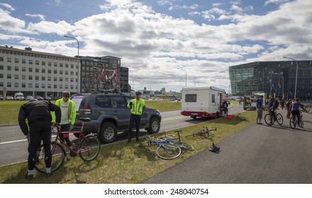 REYKJAVIK, ICELAND - June 19, 2013: Unidentified participants wait for the start of Wow Cyclothon, a non-stop relay bike race around Iceland held annually on June 19, 2013