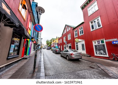 Reykjavik, Iceland - June 19, 2018: Klapparstigur Street Road In Downtown Wide Angle View And Stores Shops Gay Bar Sign