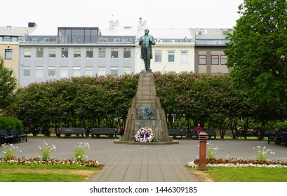 Reykjavik, Iceland - June 20, 2019 - Jon Sigurdsson Statue Near Austurvöllur Park In The City