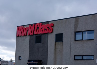 Reykjavik, Iceland - March 26, 2022: World Class Fitness Center. Red Logo On A Building. 