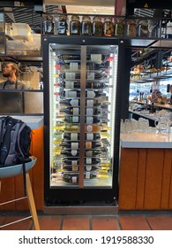 Reykjavik, Iceland - March 5th, 2020: Massive Wine Cooler At The Front Of The Krost Restaurant Area In The Food Hall At The Heart Of Reykjavik.