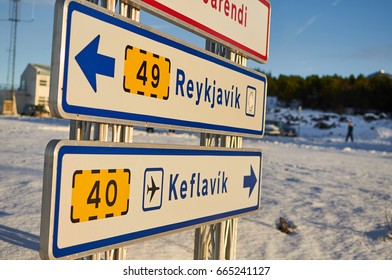 Reykjavik and Keflavik airport and roads signs during winter