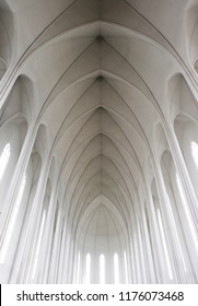 Reykjavik/Iceland-April 21,2018: Interior View Of The Evangelical Lutheran Church Or Hallgrímskirkja Designed By Guðjón Samúelsson In Reykjavik.Ceiling Structure Of Hallgrímskirkja Church.