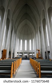 Reykjavik/Iceland-April 21,2018: Interior View Of The Evangelical Lutheran Church Or Hallgrímskirkja Designed By Guðjón Samúelsson In Reykjavik.