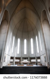 Reykjavik/Iceland-April 21,2018: Interior View Of The Evangelical Lutheran Church Or Hallgrímskirkja Designed By Guðjón Samúelsson In Reykjavik.