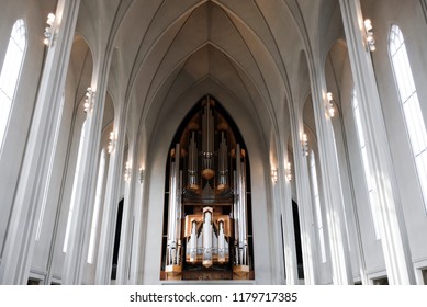 Reykjavik/Iceland-April 21,2018: Interior View Of The Evangelical Lutheran Church Or Hallgrímskirkja Designed By Guðjón Samúelsson In Reykjavik.Pipes Of The Organ In Hallgrímskirkja Church.