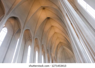 Reykjavik/Iceland-April 21,2018: Interior View Of The Evangelical Lutheran Church Or Hallgrímskirkja Designed By Guðjón Samúelsson In Reykjavik.Church Vault Ceiling.