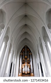 Reykjavik/Iceland-April 21,2018: Interior View Of The Evangelical Lutheran Church Or Hallgrímskirkja Designed By Guðjón Samúelsson In Reykjavik.Pipes Of The Organ In Hallgrímskirkja Church.