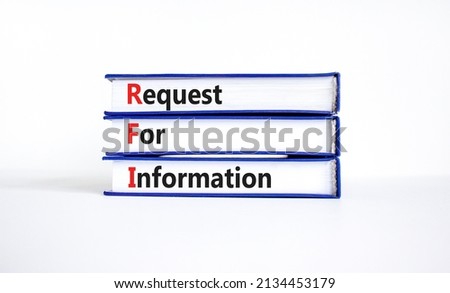 RFI request for information symbol. Concept words RFI request for information on books on a beautiful white table, white background. Business and RFI request for information concept. Copy space.