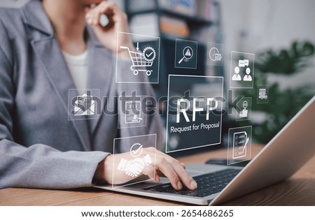 RFP, Request for Proposal. Businessperson using laptop with RFP icons representing procurement process, bidding, communication, evaluation. Modern concept for business procurement and vendor selection