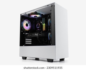 rgb gaming pc with white case on white background