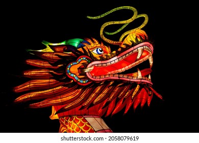 Rhenen, The Netherlands - December 2018 : China Light Festival In Ouwehands Dierenpark Shows China Dragon Creatures In The Dark Created With Led Lights 