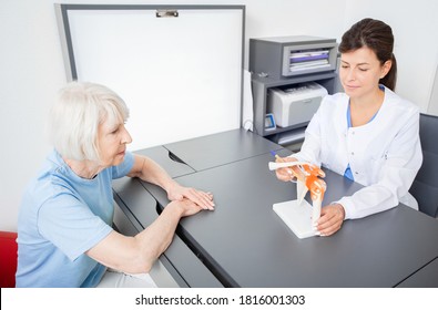 Rheumatologist and senior patient, consultation. Shoulder and collarbone injury. Diagnostics and treatment fractures of humerus and clavicle