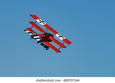 RHINEBECK, NY - SEPTEMBER 25, 2016: The Aerodrome Air Show Team Perform A Show With The  World War I Plane Fokker Dr-I (Reproduction) At Old Rhinebeck Aerodrome