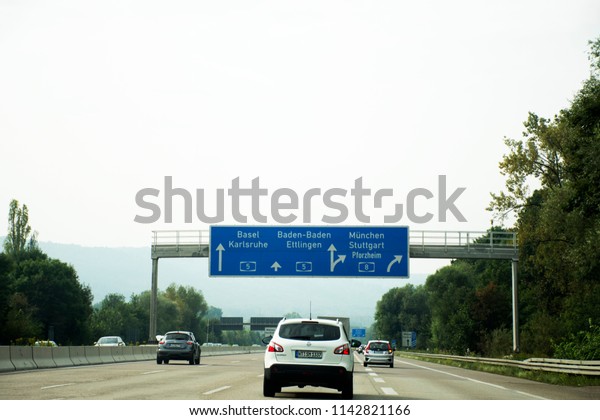 RHINELAND-PALATINATE, GERMANY - AUGUST 27 : \
Travelers people driving car on the road with traffic jam go to\
Sandhausen district pass at Speyer town on August 27, 2017 in\
Rhineland-Palatinate,\
Germany