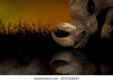 A rhino drinking water at sunset - Powered by Shutterstock