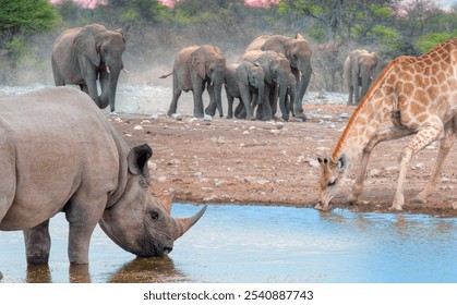 A Rhino  and  Giraffe is drinking water in a small lake - Group of elephant family drinking water in lake at amazing sunset - Etosha National Park, Namibia, Africa  - Powered by Shutterstock