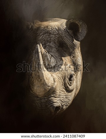 A rhino head over a textured background