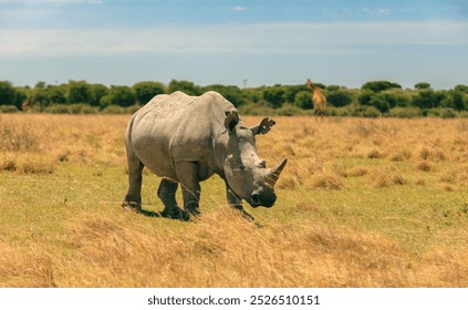 Rhinoceros walking through the grasslands during a safari adventure in Botswana under a clear blue sky - Powered by Shutterstock