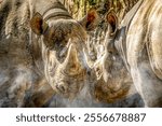 Rhinoceroses Facing Each Other and fighting in Dusty Atmosphere