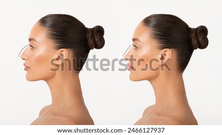 Similar – Image, Stock Photo direct portrait of beautiful slim brunette young woman in front of a forest in summer