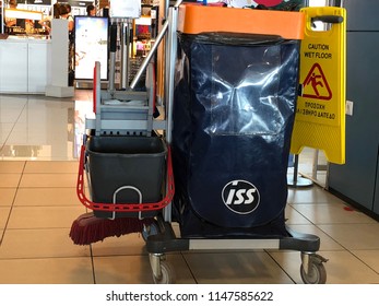 Rhodes, Greece - July 27, 2018: Cart With Cleaning Agents