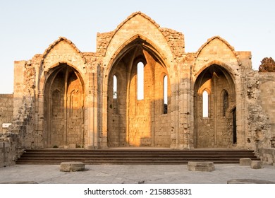 RHODES, GREECE – SEPTEMBER 21, 2020: Ruins of the choir of the gothic church of the Virgin of the Burgh in the medieval city of Rhodes