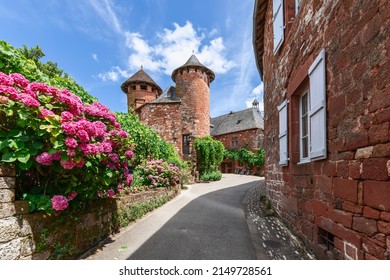 Rhododendrons adorn red sandstone fence along pavement leading to 16 century Ramade de Friac house with two watchtowers of Collonges-la-Rouge village, Correze, New Aquitaine, France