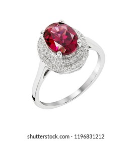 Rhodolite Garnet Diamond Ring Halo Jewelry On White Isolate