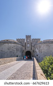 Rhodos, Greece - August 2016: Gate DAmboise In Rhodes, Grand Gate Below The Palace Of The Grand Master, And Bridge Leading To It, Rhodes Island