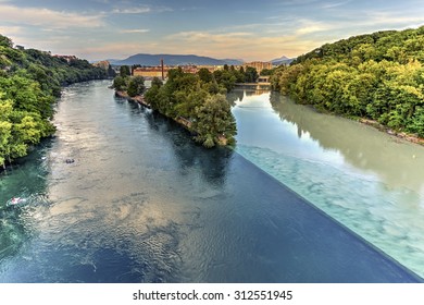 Rhone And Arve River Confluence By Sunset, Geneva, Switzerland, HDR