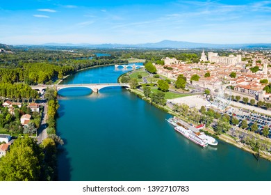 Rhone River Aerial Panoramic View In Avignon. Avignon Is A City On The Rhone River In Southern France.