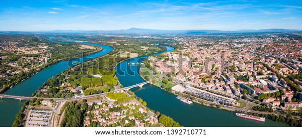 Rhone river aerial\
panoramic view in Avignon. Avignon is a city on the Rhone river in\
southern France.