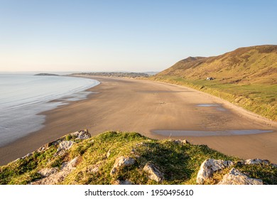 Rhossili Bay Beach In Gower, South Wales, UK Before Sunset, No People