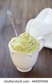 Rhubarb Banana Sorbet In Cup On A Wooden Table, Selective Focus