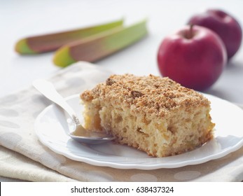 Rhubarb And Strawberry Crumble Pie. Homemade Biscuit Cake Decorated With Crumbs. Summer Fruits Cake. Selective Focus.