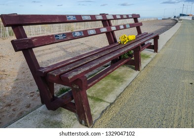 RHYL, UK - JAN 29, 2019: The Roll Of Honour Bench At Rhyl Harbour Commemorates Local Seamen.