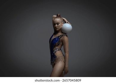 Rhythmic gymnastics in studio soft light.