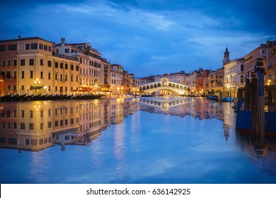 Rialto bridge and Garnd Canal at night in Venice, Italy