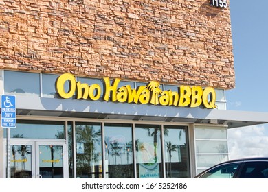 Rialto, California, United States - 02-06-2020: A Store Front Sign For The Restaurant Chain Known As Ono Hawaiian BBQ.